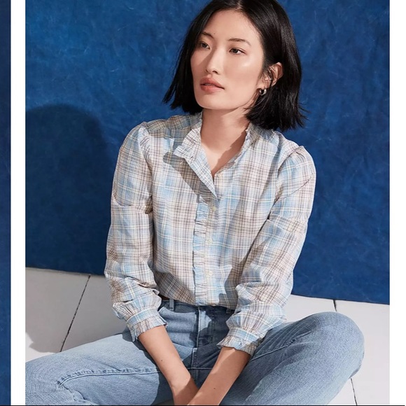 LOFT NWT Women's Plaid Ruffle Long Sleeve Button Down Shirt - Picture 5 of 5